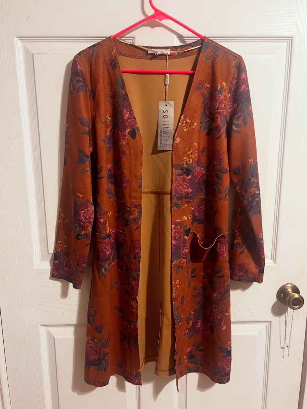 Solitaire by Ravi Khosla | NWT! Floral Open Front Faux Suede Cardigan - Sz Small